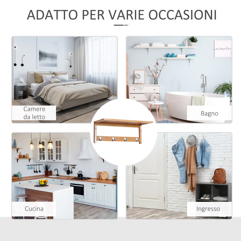 HOMCOM Appendiabiti con Mensola Attaccapanni a Parete con Ripiano Bambù 50 × 16 × 17.5cm
