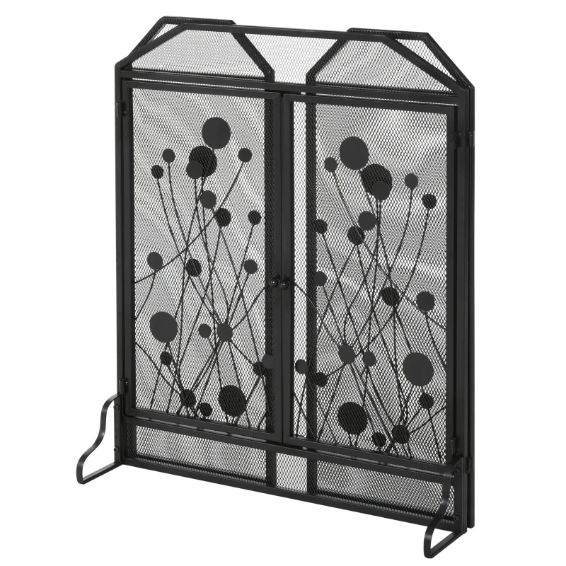 HOMCOM Parascintille Pieghevole per Camino in Acciaio e Metallo Nero con 2 Porte a Chiusura Magnetica, 125x80cm