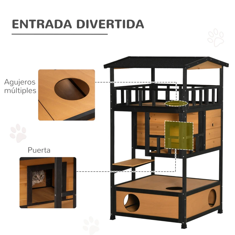PawHut Caseta para Gatos de Madera 75,5x75x137 cm con Techo Asfáltico Plataformas para Interior y Exterior Natural
