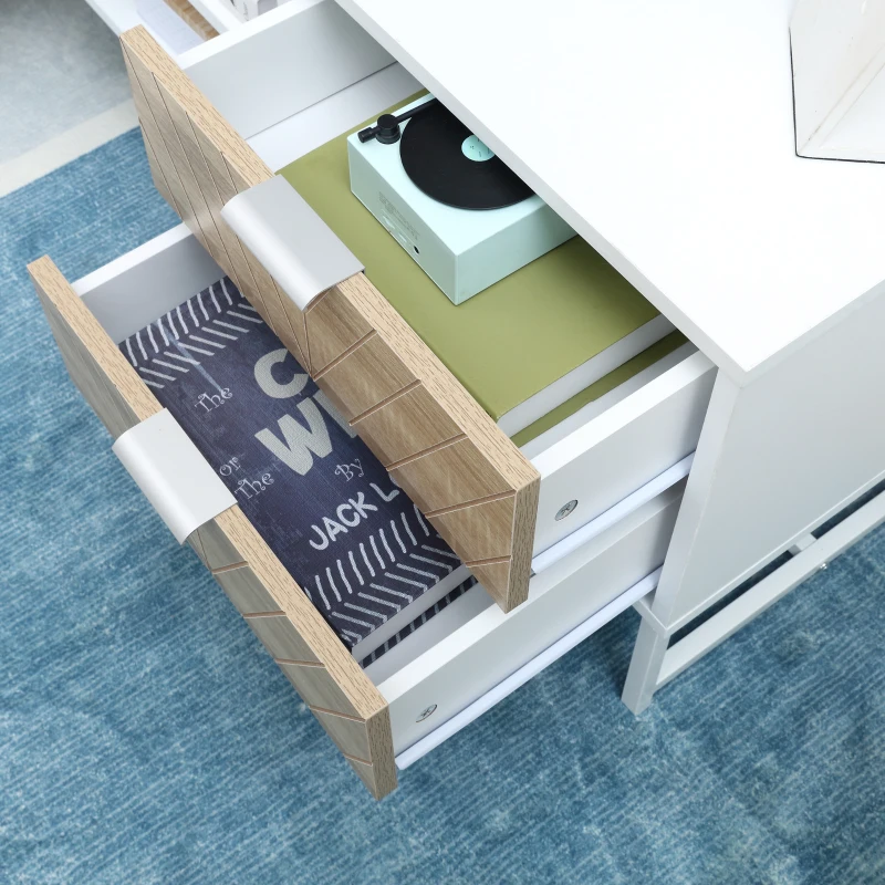 HOMCOM Table Basse + Meuble TV Design Contemporain Multi-rangement piètement métal Aspect Bois de chêne sculpté à Chevrons Blanc