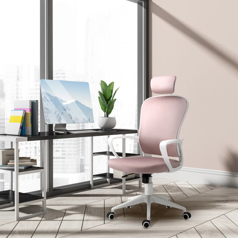 Vinsetto Office Chair, Ergonomic Desk Chair, High Back Velvet Fabric Computer Chair with Adjustable & Liftable Headrest for Home, Pink