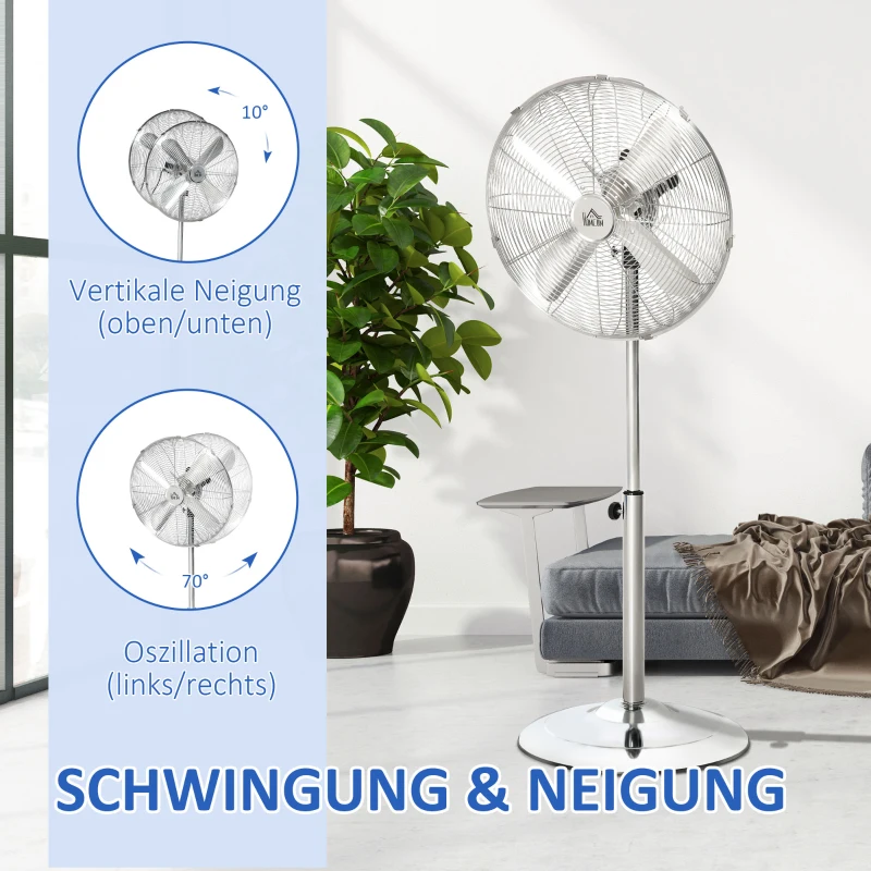 HOMCOM 120 cm Standventilator, Ventilator, Höhenverstellbarer Lüfter, 3 Geschwindigkeitsstufen, Verstellbarer Neigungswinkel, Stahl, Silber