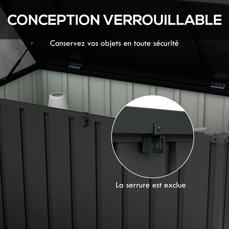 Outsunny Coffre de rangement pour jardin 450L en métal avec vérin à gaz, roulettes et poignée - dim. 125,5L x 61,5l x 70H cm