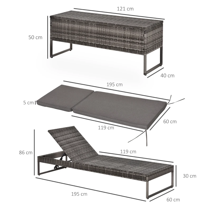 Outsunny 3pz Componibile 2 Lettini Prendisole (60 x 195 x 86cm) 1 Tavolino (121 x 40 x 50cm) Rattan con Materassini Grigio