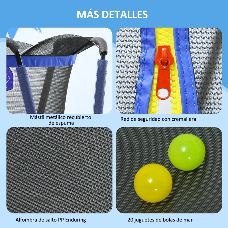 ZONEKIZ Cama Elástica Infantil Ø140 cm con Red de Seguridad Canasta de Baloncesto y 20 Bolas de Plástico Azul