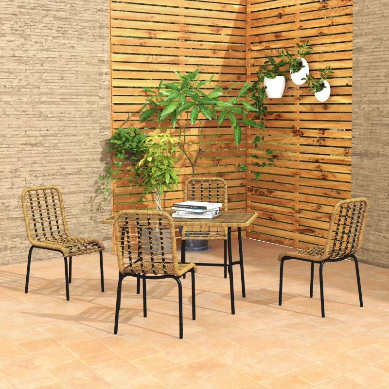Outsunny 5 Pcs Rattan Outdoor Dining Set Patio Conservatory w/ Tempered Glass Tabletop Hollowed-out Design - Natural Wood Finish
