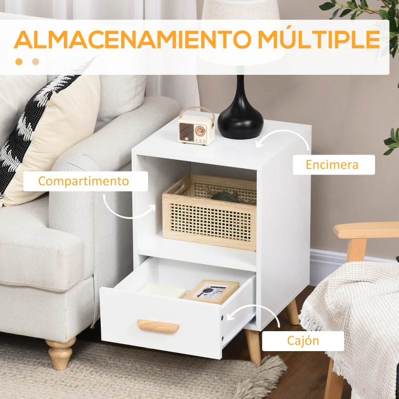 HOMCOM Mesita de Noche con 1 Cajón y Estante Mesa Auxiliar de Estilo Nórdico para Salón Dormitorio 40x40x62 cm Blanco
