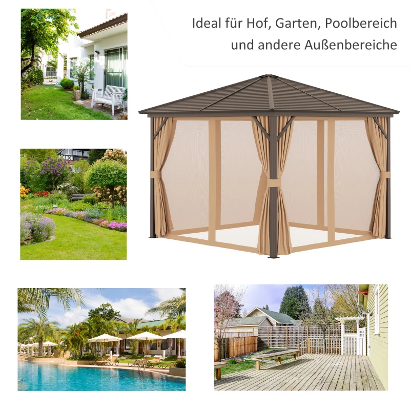 Outsunny Gartenpavillon mit Metalldach, 3 x 3 x 2,6m, 4 Vorhänge, wetterfest, Aluminium, braun