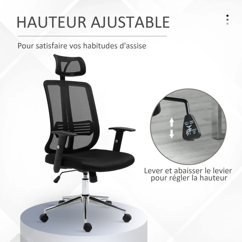Vinsetto Chaise de Bureau Ergonomique Fauteuil de Bureau Grand Confort hauteur réglable Tissu Maille Polyester Noir
