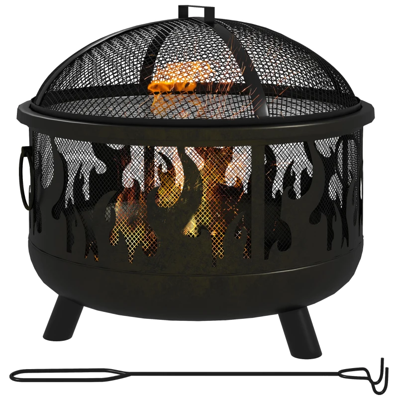 Outsunny Feuerschale Feuerstelle, inkl. Funkenschutz, 1 Schürhaken, Ø61,5 cm x 52 cm, Schwarz(m-10)