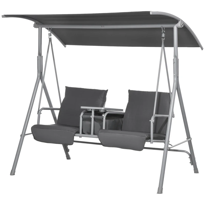 Outsunny Dondolo 2 Posti con Tavolino e Portabicchieri, in Metallo e Poliestere, 175x110x165 cm, Grigio