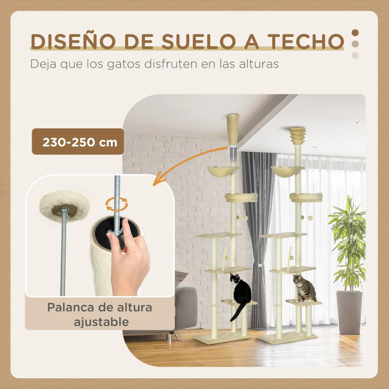 PawHut Árbol para Gatos de Suelo a Techo de 230-250 cm con Altura Ajustable Múltiples Plataformas Cestos Hamaca Bolas Beige