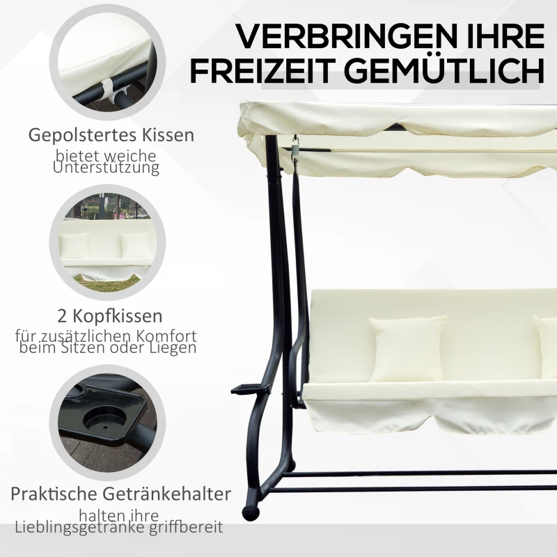 Outsunny Schaukelstuhl 3-Sitzer Hollywoodschaukel Gartenschaukel mit Sitz- und Rückenlehnen Tablett Sitzbank Schwingbank Dachwinkel verstellbar Stahl Polyestergewebe Creme 200 x 120 x 164 cm
