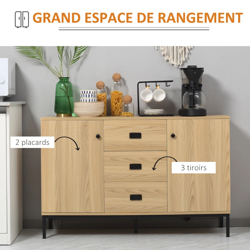 HOMCOM Meuble buffet de rangement 2 placards étagère réglable 3 tiroirs style contemporain - dim. 120L x 39,5l x 77H cm