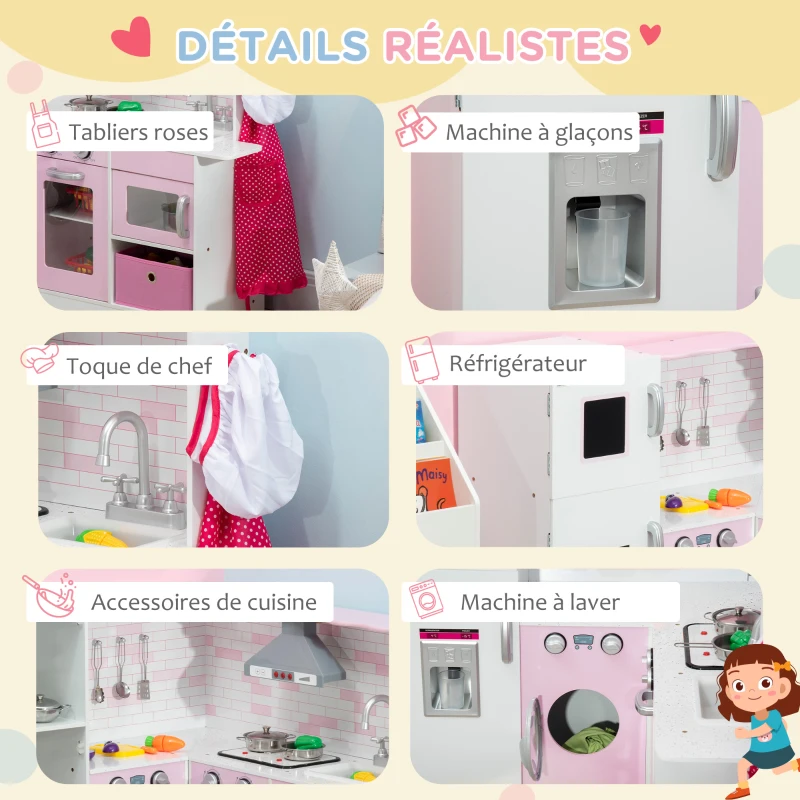 HOMCOM Cuisine d'angle pour enfants avec accessoires, sons et lumières - en MDF - rose et blanche