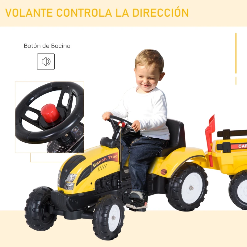 HOMCOM Tractor Pedal con Remolque para Niños 3 Años Juguete de Montar Coche de Pedales Carga 35 kg 133x42x51 cm Amarillo
