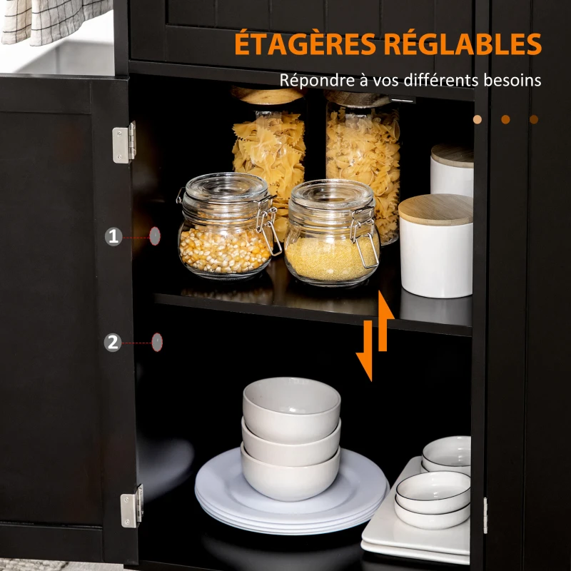 HOMCOM Desserte ilot de cuisine multi-rangements 1 tiroir 2 placards 3 portes avec étagère porte-torchons bois d'hévéa noir