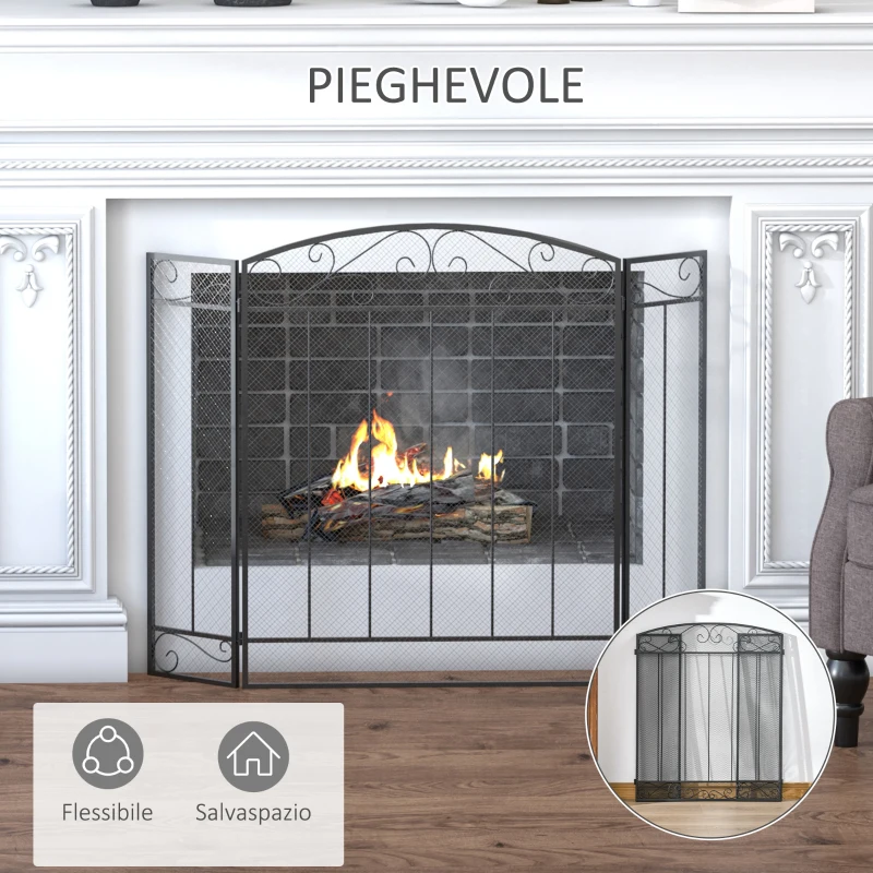 HOMCOM Parascintille Caminetto con 3 Pannelli Pieghevoli in Metallo e Acciaio Nero 105x1.6x80.5cm