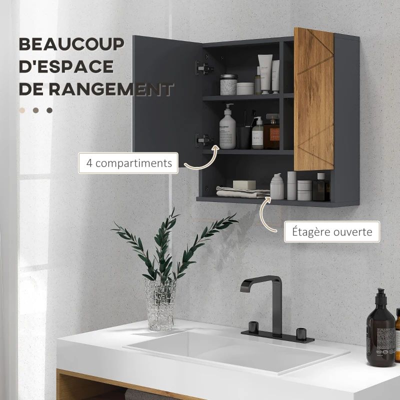 kleankin Armoire murale miroir de salle de bain placard de rangement 2 portes 55 x 17 x 55 cm naturel gris foncé