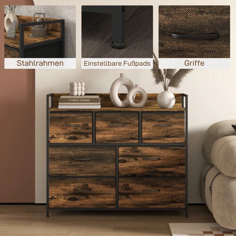 HOMCOM Kommode, Sideboard mit 7 Stoffschubladen, Industrial Design, Stahlrahmen, 98x29x85cm, Braun/Schwarz