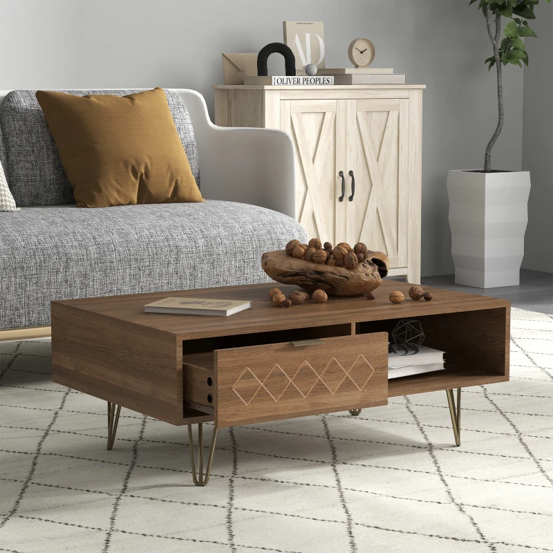 HOMCOM Tavolino da Caffè con 2 Ripiani Aperti e 2 Cassetti in Truciolato e Metallo, 95x62x36.5 cm