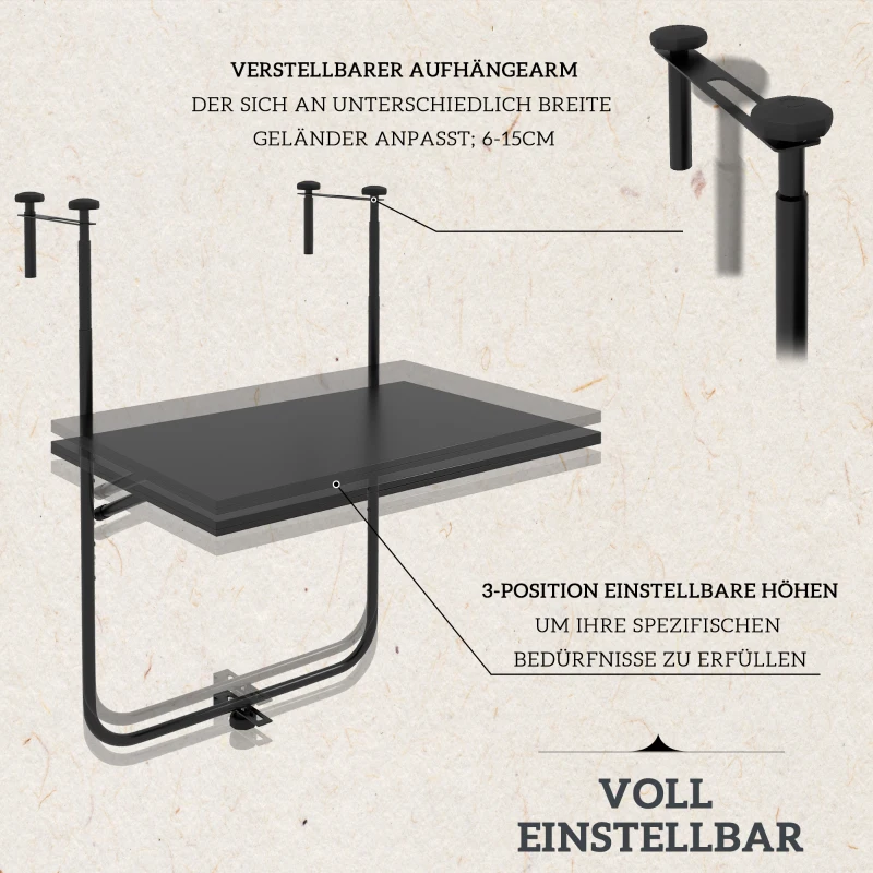 Outsunny Balkontisch, für Geländer 6-15cm Dicke, verstellbar, klappbar, rostfreies Metall, 62x60x85,5cm, Schwarz