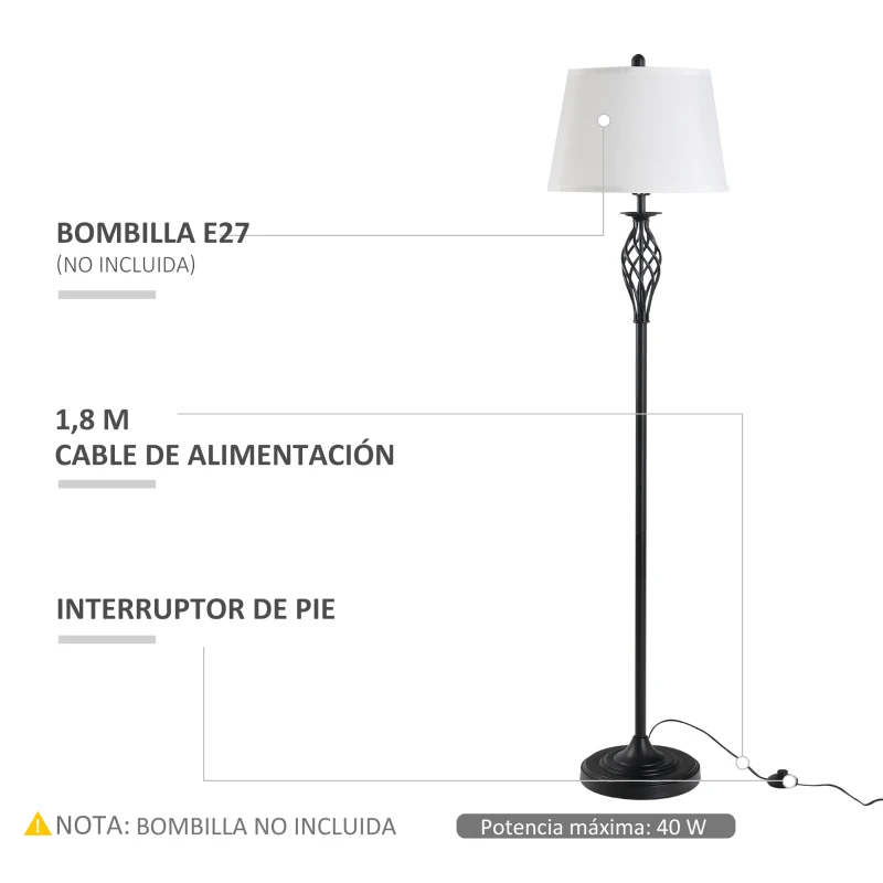 HOMCOM Juego de 2 Lámparas de Mesa y Lámpara de Pie con Pantalla de Tela E27 Máx. 40W Ø38x158 cm y Ø30x62 cm Blanco