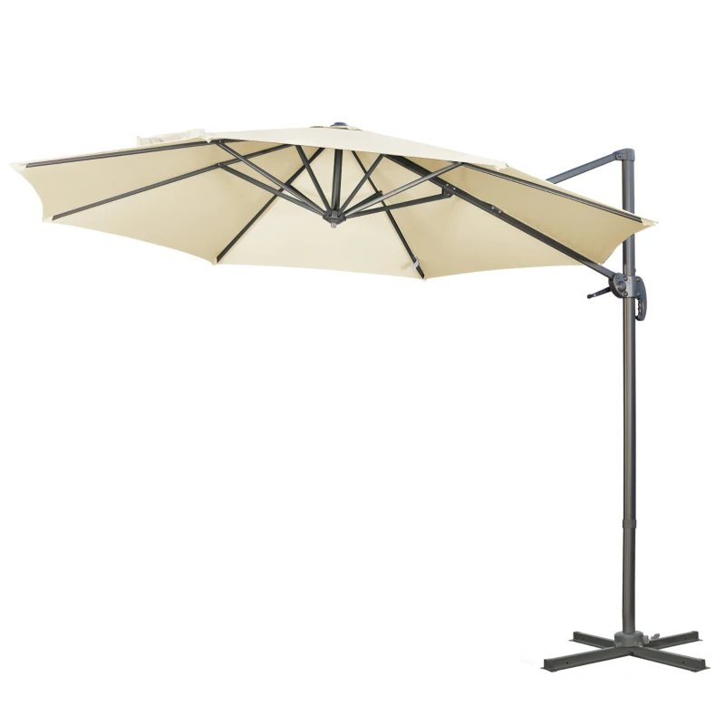 Outsunny 3 x 3(m) Cantilever Parasol with Cross Base, Garden Umbrella with 360° Rotation, Crank Handle and Tilt for Outdoor, Patio, Cream White