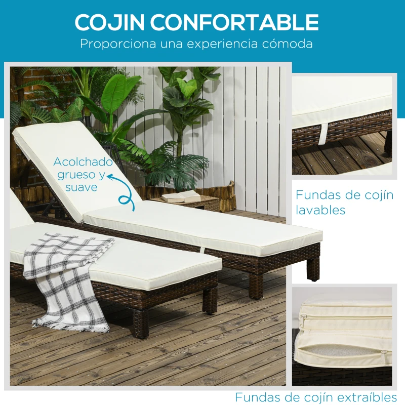 Outsunny Conjunto de 2 Tumbonas de Jardín Tumbonas de Ratán Reclinable en 5 Posiciones para Terraza Patio 196x60x22 cm Marrón