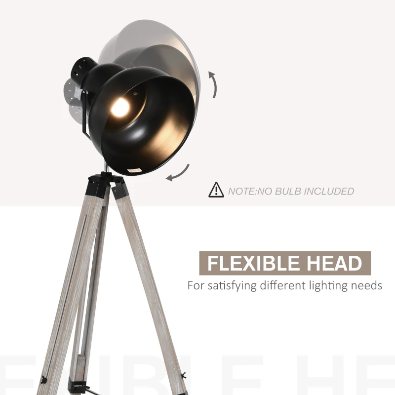 HOMCOM Industrial Tripod Base Cone Floor Lamp w/ Wood Legs Metal Shade Power Switch Adjustable Height Angle Home Office Styling Lighting Furniture Vintage Retro