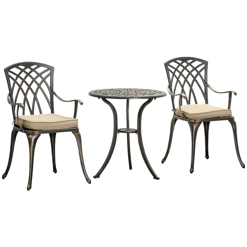 Outsunny 3pc Cast Aluminium Garden Bistro Set for 2 with Parasol Hole, Outdoor Coffee Table Set Rust Resistant with Cushions, Bronze
