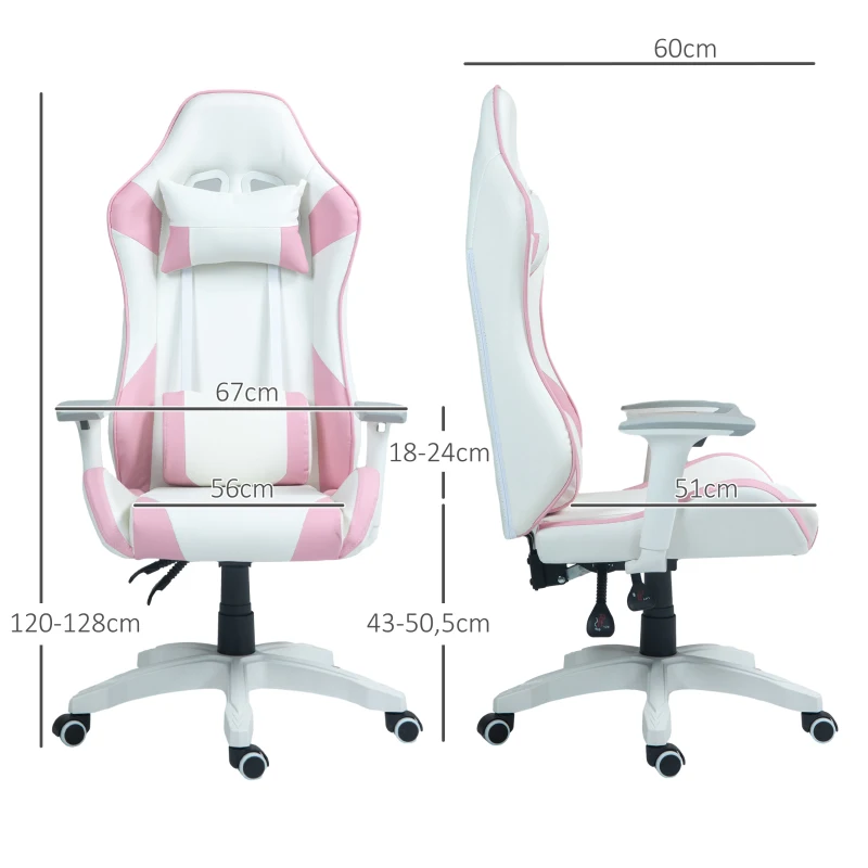 HOMCOM Gamingstuhl, Racing-Design, neigbar, höhenverstellbar, Kunstleder, 67B x 60T x 120-128H cm, Rosa/Weiß