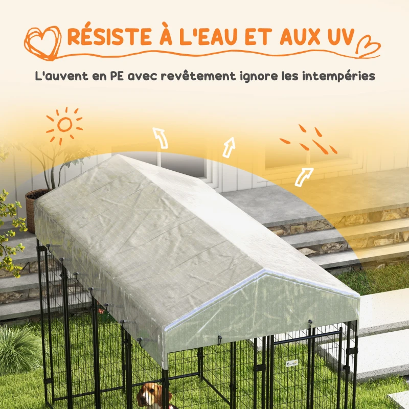 PawHut Chenil d'extérieur enclos 3m² avec auvent imperméable pour grand chien, porte verrouillable 239L x 121l x 183H cm