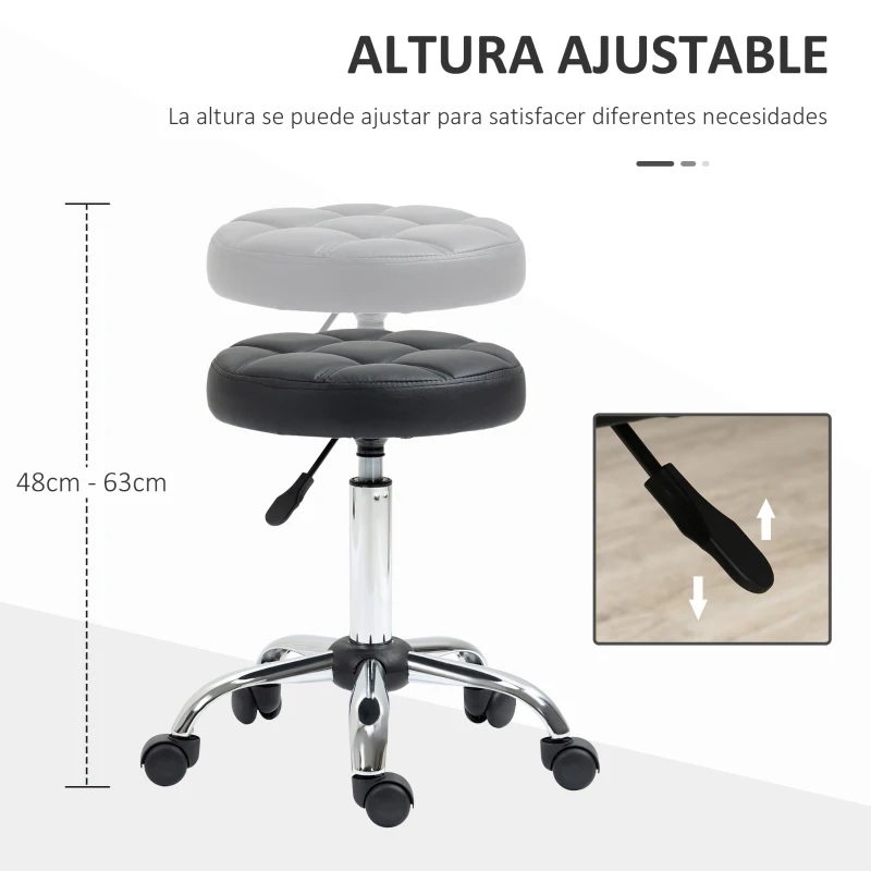 HOMCOM Taburete Giratorio con Ruedas Regulable en Altura de 48-63 cm Taburete de Trabajo Tapizado en Cuero PU para Peluquería Cosmética Dentista Diámetro Ø35,5 cm Negro