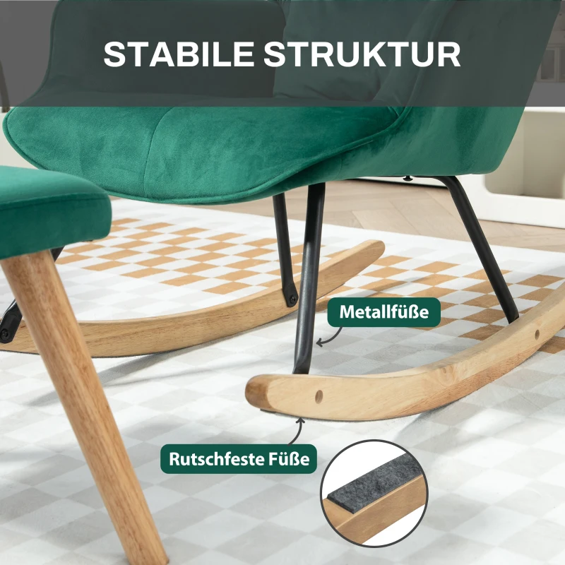 HOMCOM Schaukelsessel mit Hocker, gepolstert, hohe Rückenlehne, Samtoptik, bis 150 kg, Grün