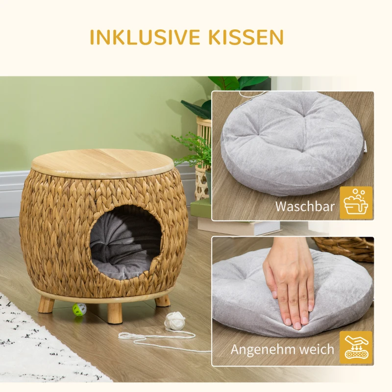 Pawhut Katzenhöhle aus Wasserhyazinthengras, waschbares Kissen,  44 cm x 43 cm x 42 cm  Hellbraun+Naturholz+Grau