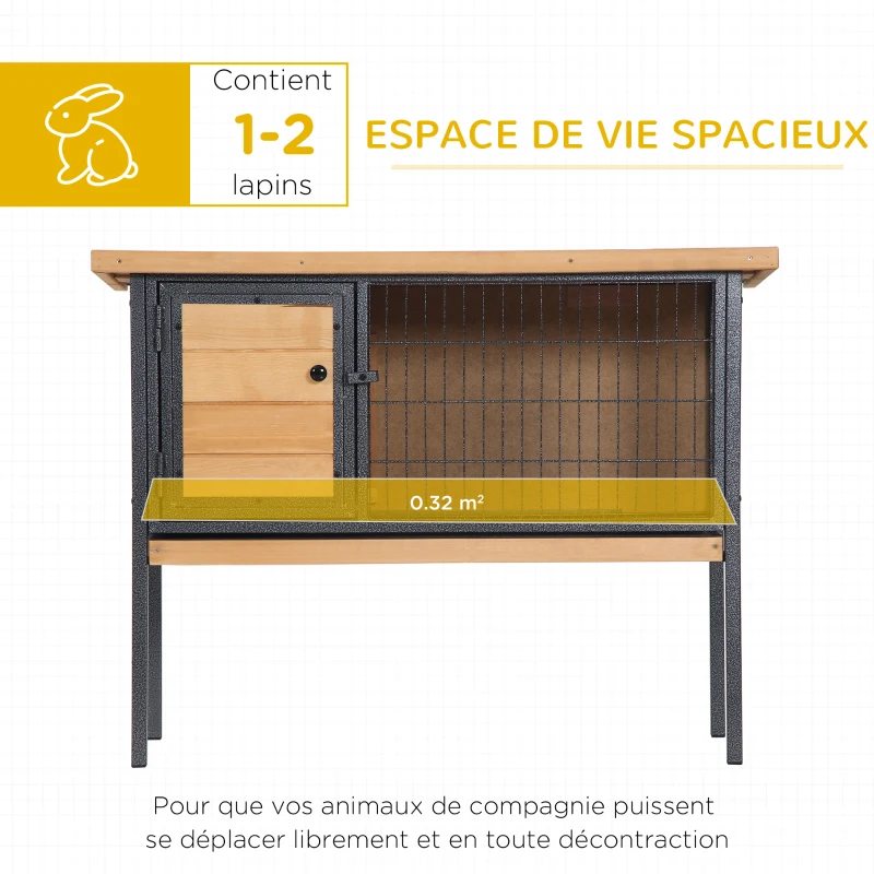 PawHut Cage à lapins en bois sur pieds, clapier pour rongeurs, cochons d'inde avec toit ouvrable - dim. 91,5L x 45l x 70H cm