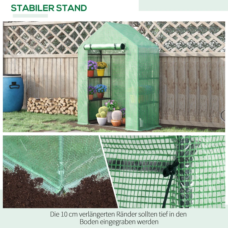 Outsunny Foliengewächshaus Gewächshaus mit 6 Regalebenen begehbares Gartenhäuschen Treibhaus Tomatenhaus Pflanzenhaus mit aufrollbarem Eingang Frühbeet Grün 141 x 72 x 191 cm