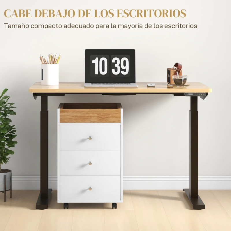 HOMCOM Cajonera de Oficina con 4 Ruedas 3 Cajones y 1 Bandeja Extraíble Carga 30 kg 43x40x66,5 cm Blanco y Natural