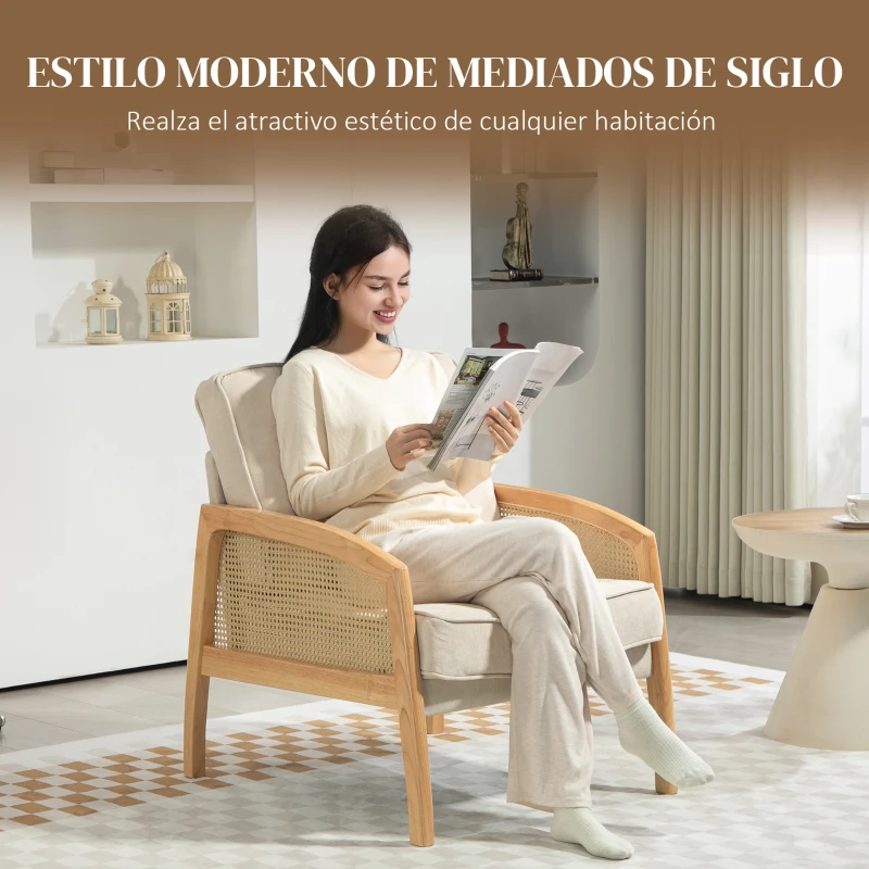 HOMCOM Butaca de Estilo Moderno con Apoyabrazos de Ratán Sintético Asiento de Espuma y Cojín Extraíble 67x75x88 cm Beige