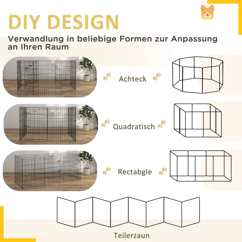 PawHut Haustierlaufstall, Spielgehege für Welpen und kleine Hunde, mit Tür, Indoor- und Outdoor-tauglich, 76 cm, Schwarz(m-4)