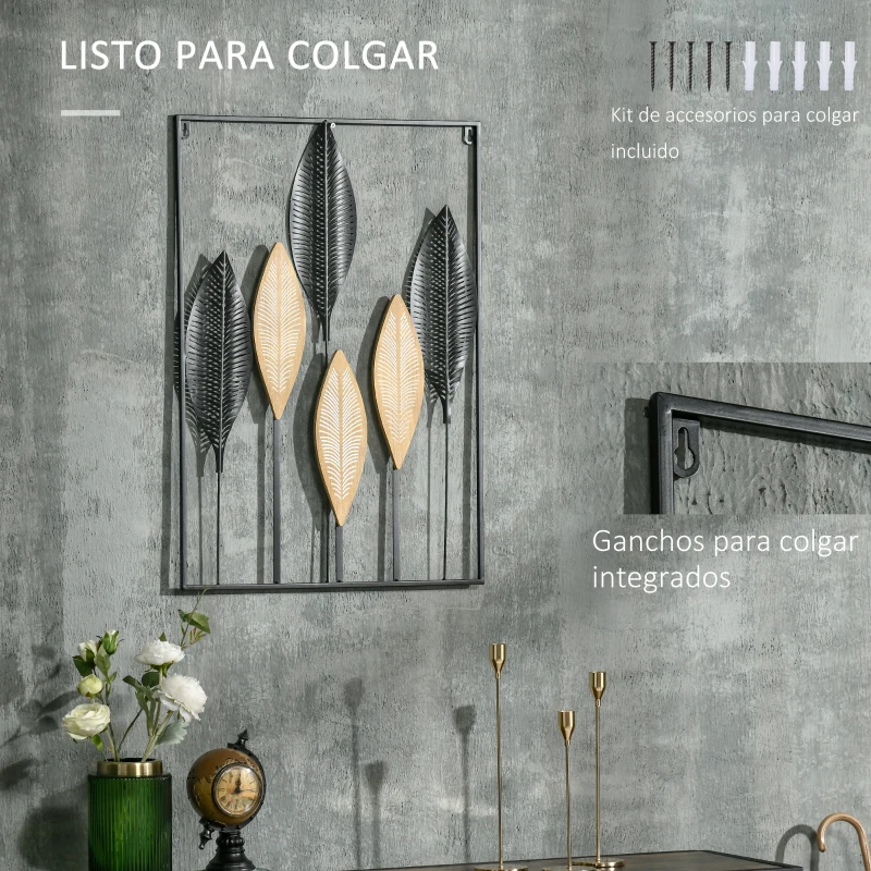 HOMCOM Decoración de Pared de Metal de Hojas de Plátano 3D Adorno Colgante para Salón Dormitorio 50x70 cm Negro y Beige
