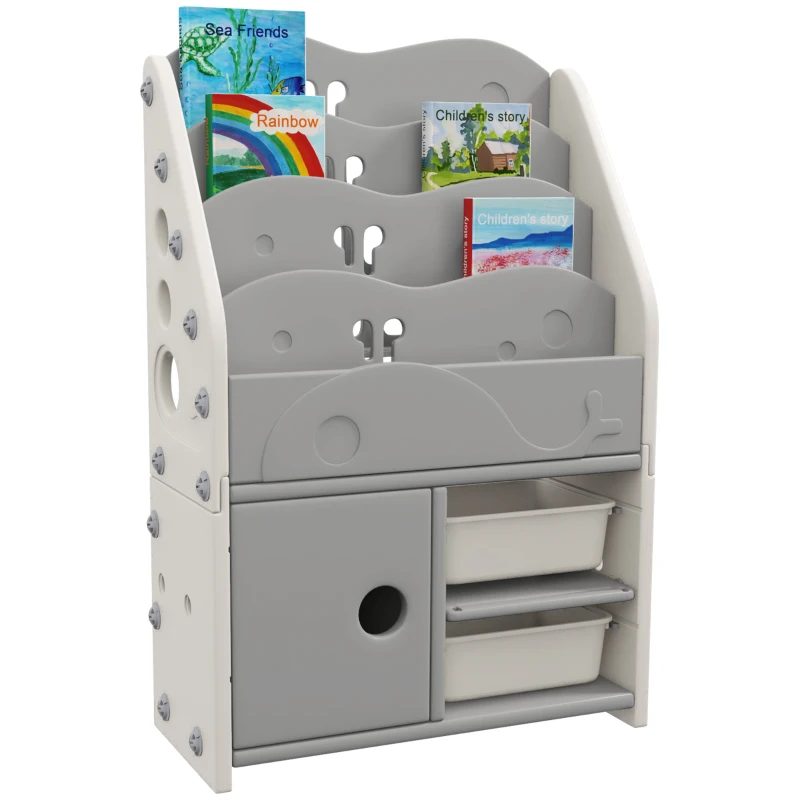 AIYAPLAY Kinderschrank, 4 Regalböden, 2 Aufbewahrungsboxen, HDPE, 67x29x98cm, Hellgrau
