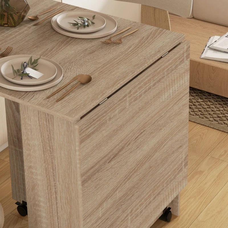 HOMCOM Mesa Plegable con 2 Alas Abatibles de Madera 2 Estantes y Ruedas para Cocina Comedor 75x140x74 cm Madera Natural(m-9)