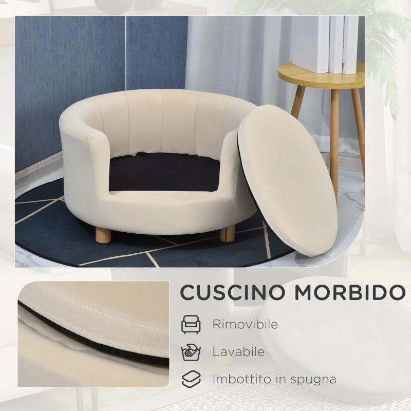 PawHut Divano per Cani e Gatti Imbottito con Schienale e Cuscino Rimovibile, 65x64x37cm, Crema