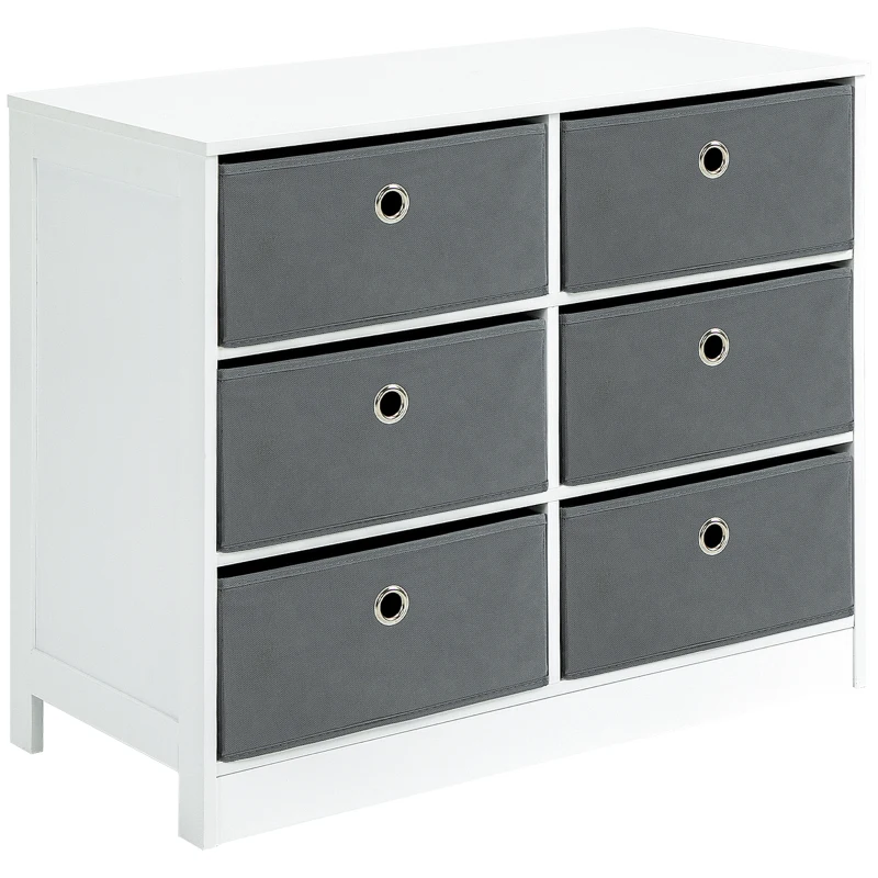 HOMCOM Chests of Drawer, Fabric Dresser Storage Cabinet with 6 Drawers for Bedroom, Living Room and Hallway, White and Grey