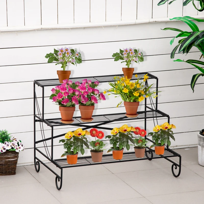 Outsunny Étagère à Fleurs Supports de Pots Porte Plante Escalier Plantes avec étagères en métal 3 Niveaux Forme escalier intérieur/extérieur pour Maison Balcon Jardin dim. 95L x 63l x 72H cm Noir