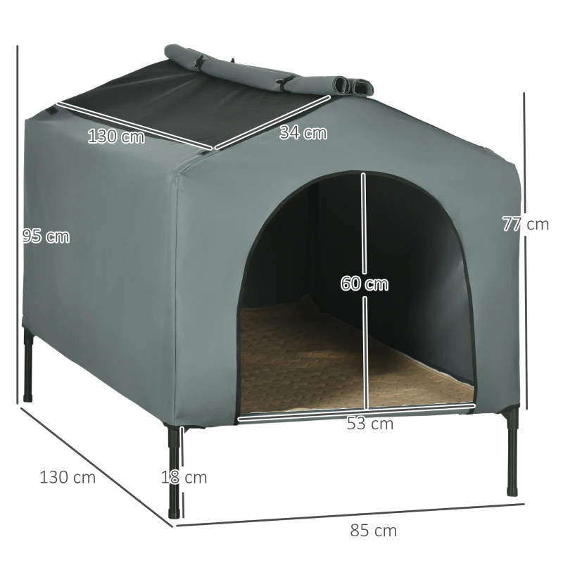 PawHut Caseta para Perros con Cubierta Exterior 130x85x95 cm Cama Elevada para Mascotas con Cojín para Perros Grandes Gris