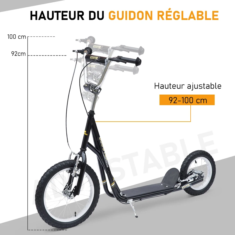 HOMCOM Trottinette patinette pour Enfants à partir de 5 Ans Grands pneus Guidon réglable poignée Frein et béquille Acier Noir
