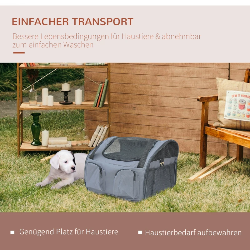 PawHut Hundebox faltbar Hundetransportbox mit Seitentasche, Meshfenster, Hundetasche für Zuhause, Auto, Outdoor Transporttasche für Miniaturhunde bis 4 kg, Oxford, Grau